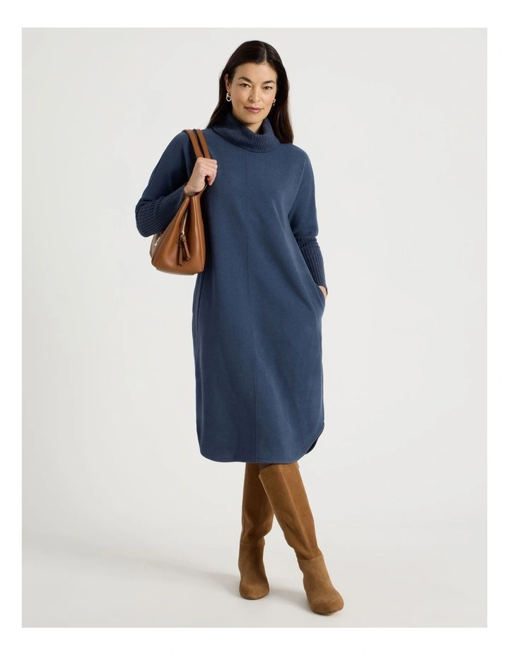 Roll Neck Knit Dress With Rib Sleeves in Navy image 1