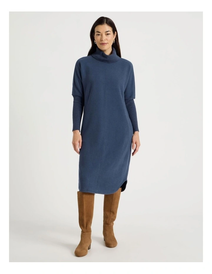 Roll Neck Knit Dress With Rib Sleeves in Navy image 2