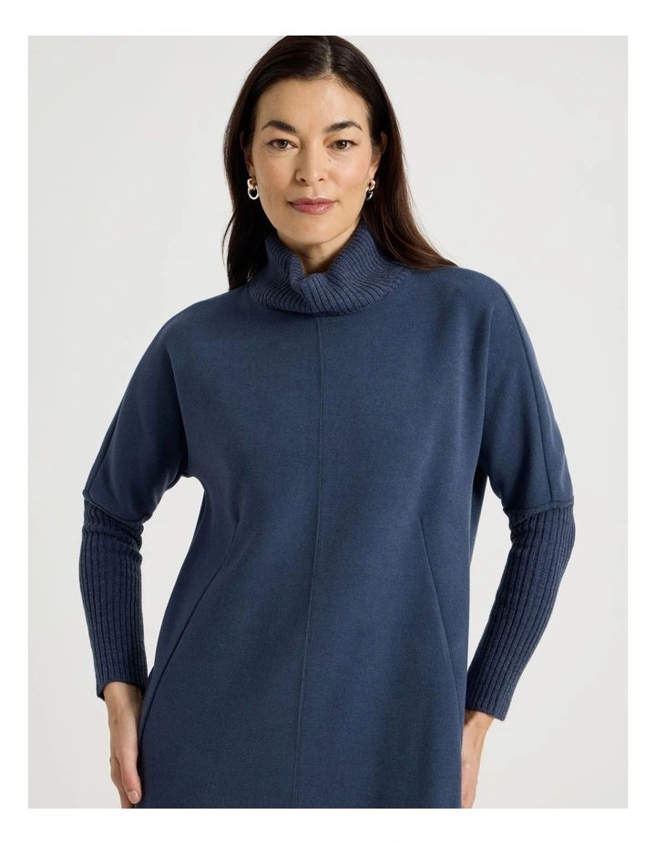 Roll Neck Knit Dress With Rib Sleeves in Navy image 3