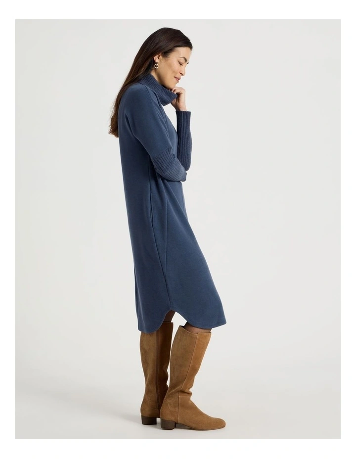 Roll Neck Knit Dress With Rib Sleeves in Navy image 4