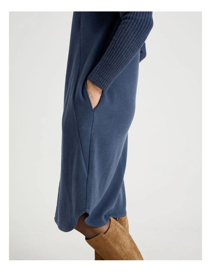 Roll Neck Knit Dress With Rib Sleeves in Navy image 5