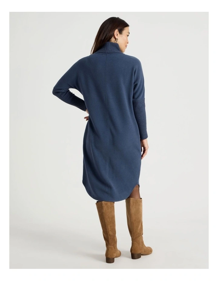 Roll Neck Knit Dress With Rib Sleeves in Navy image 6