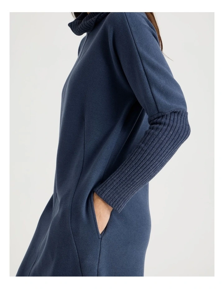 Roll Neck Knit Dress With Rib Sleeves in Navy image 7