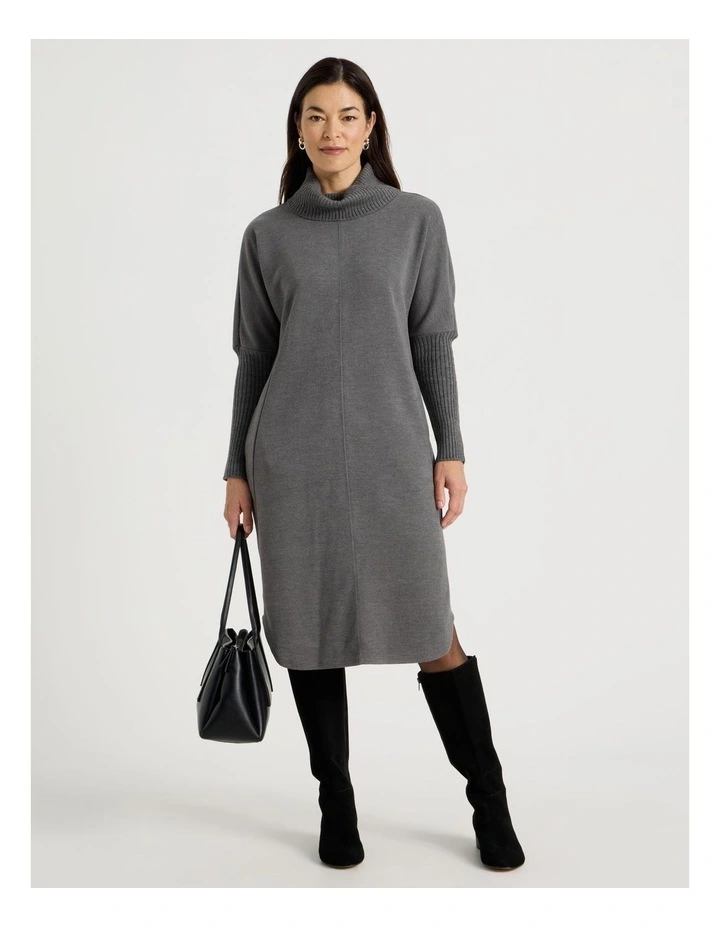 Roll Neck Knit Dress With Rib Sleeves in Charcoal Marle image 1