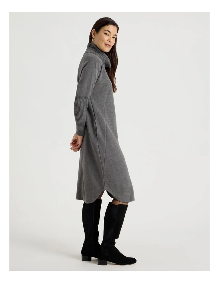 Roll Neck Knit Dress With Rib Sleeves in Charcoal Marle image 2