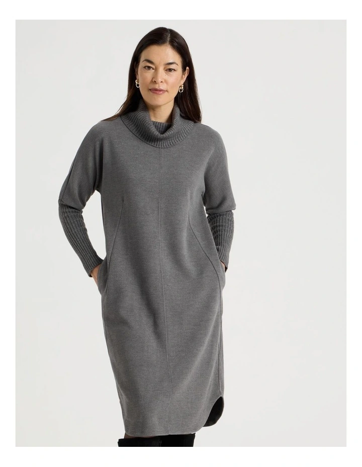 Roll Neck Knit Dress With Rib Sleeves in Charcoal Marle image 3
