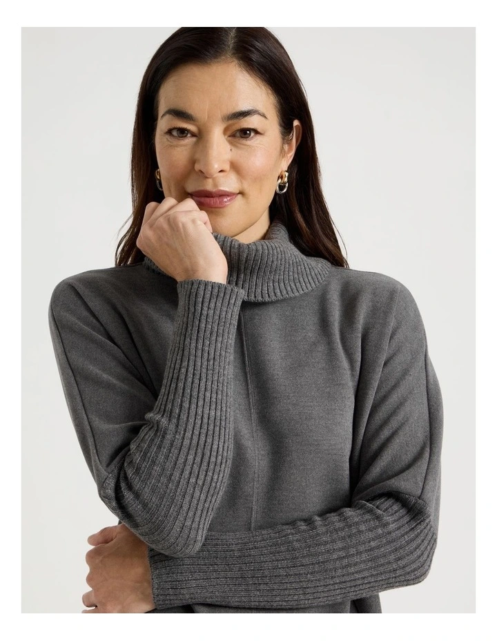 Roll Neck Knit Dress With Rib Sleeves in Charcoal Marle image 4