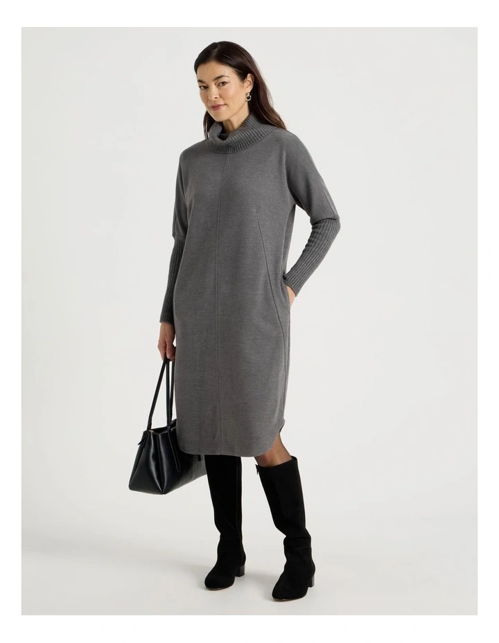 Roll Neck Knit Dress With Rib Sleeves in Charcoal Marle image 5