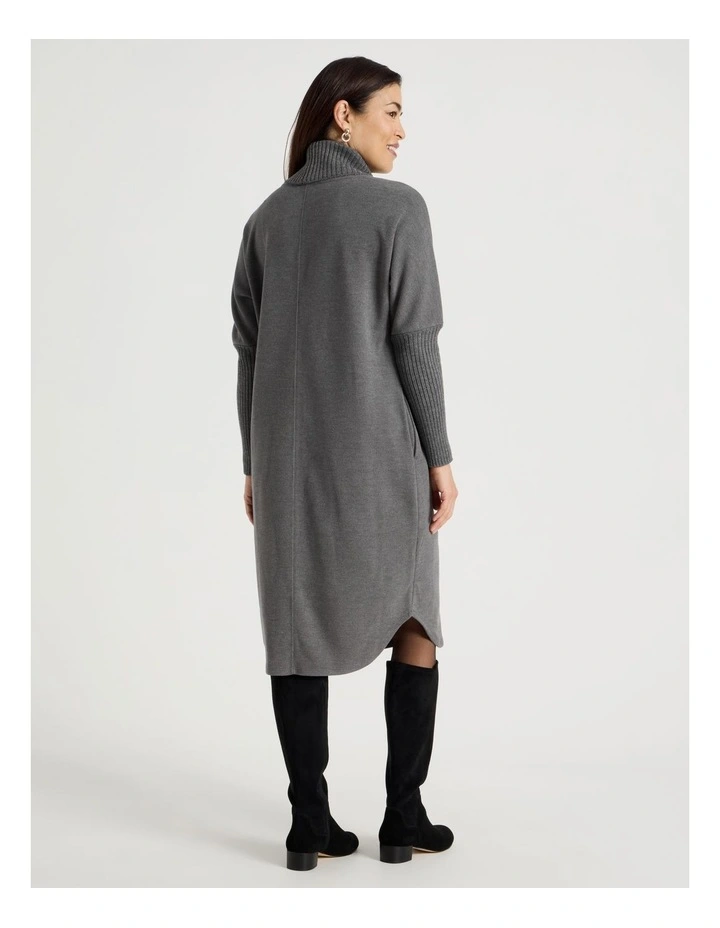 Roll Neck Knit Dress With Rib Sleeves in Charcoal Marle image 6