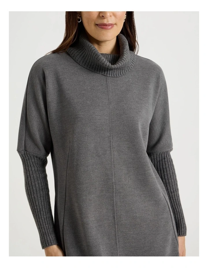 Roll Neck Knit Dress With Rib Sleeves in Charcoal Marle image 7