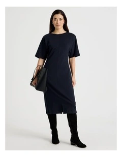3/4 Sleeve Ponte Dress With Pockets in Navy