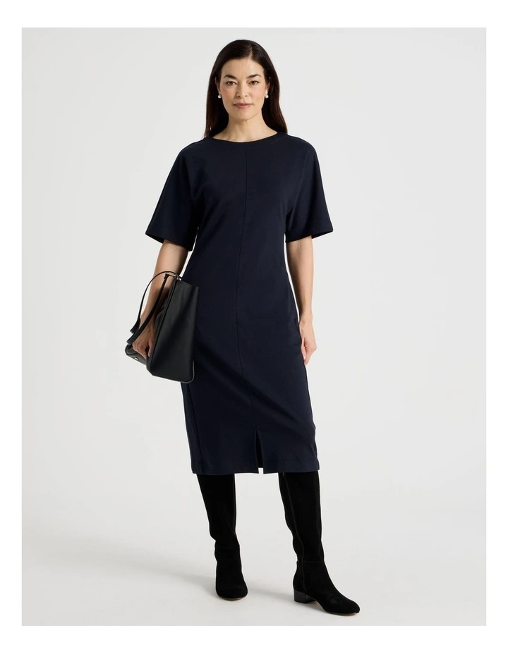 3/4 Sleeve Ponte Dress With Pockets in Navy image 1