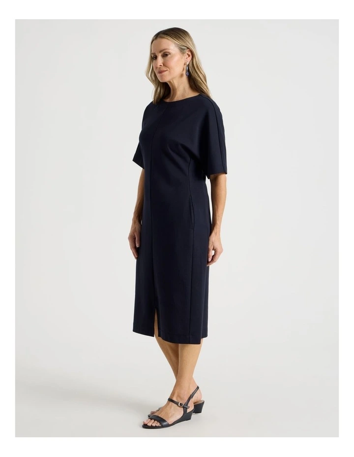 3/4 Sleeve Ponte Dress With Pockets in Navy image 3