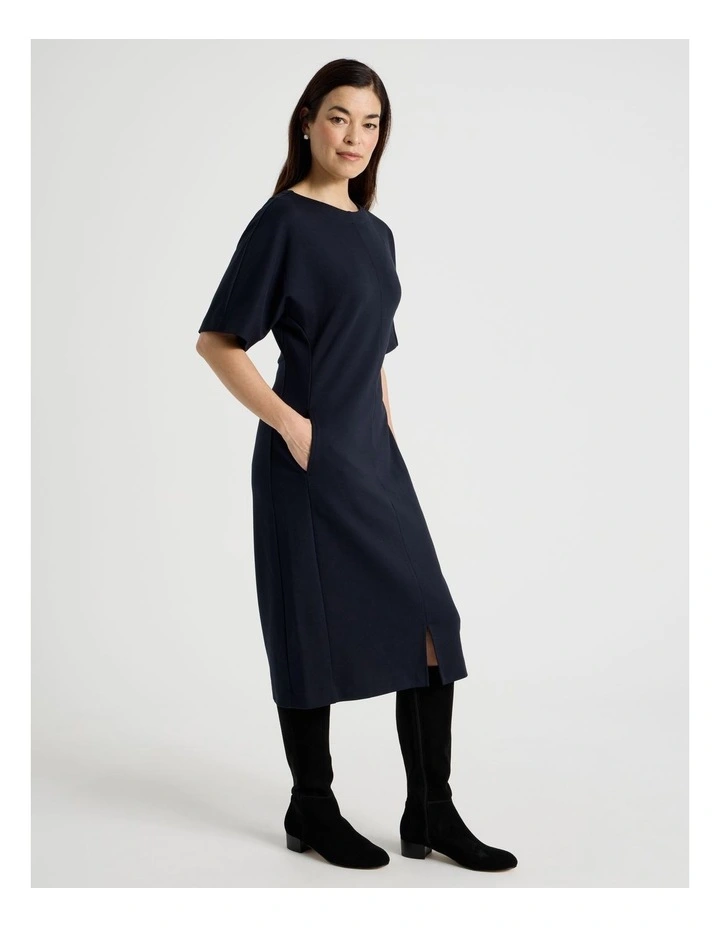 3/4 Sleeve Ponte Dress With Pockets in Navy image 4