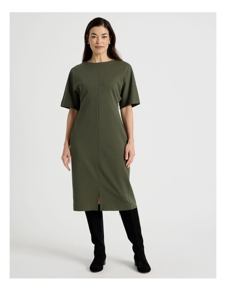 3/4 Sleeve Ponte Dress With Pockets in Olive image 1