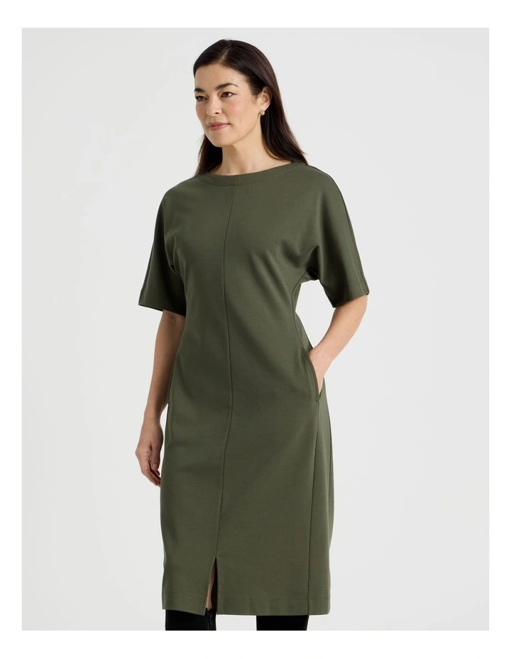 3/4 Sleeve Ponte Dress With Pockets in Olive image 2