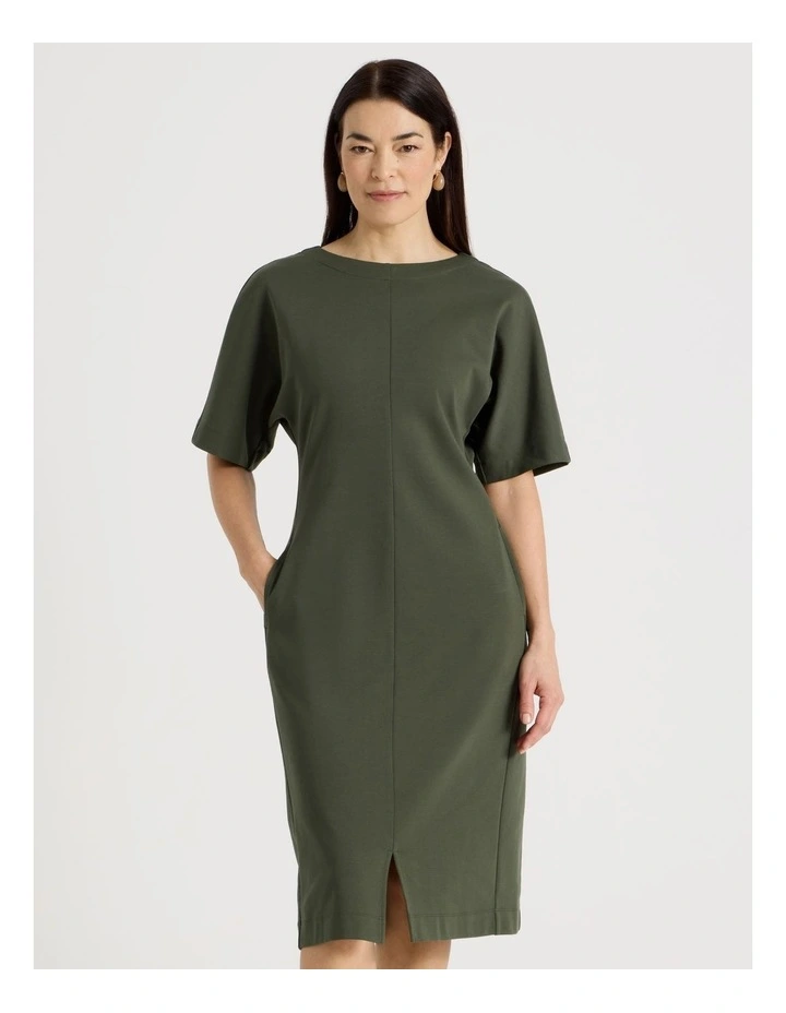 3/4 Sleeve Ponte Dress With Pockets in Olive image 3