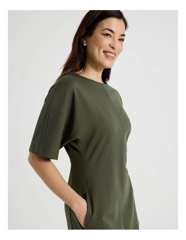 3/4 Sleeve Ponte Dress With Pockets in Olive image 3