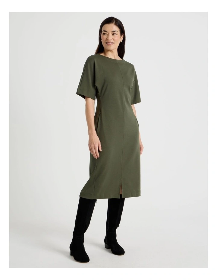 3/4 Sleeve Ponte Dress With Pockets in Olive image 4