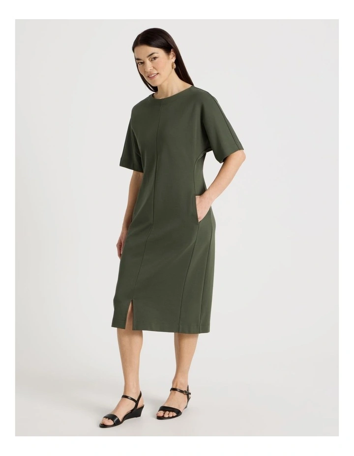 3/4 Sleeve Ponte Dress With Pockets in Olive image 5
