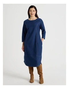 Princess Seam 3/4 Sleeve Cut & Sew Knit Dress With Tulip Hem in Dark Indigo