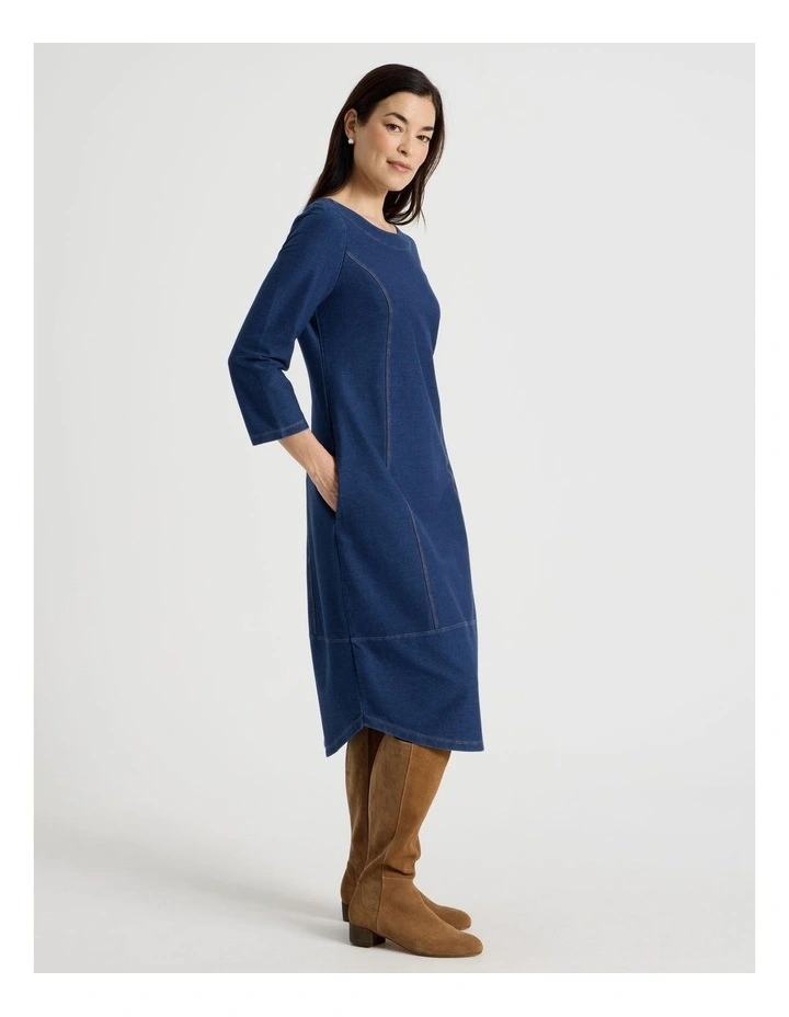 Princess Seam 3/4 Sleeve Cut & Sew Knit Dress With Tulip Hem in Dark Indigo image 2