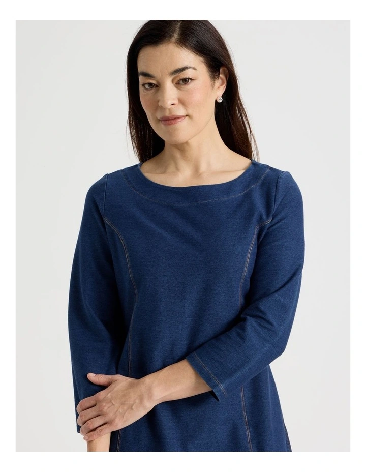 Princess Seam 3/4 Sleeve Cut & Sew Knit Dress With Tulip Hem in Dark Indigo image 3