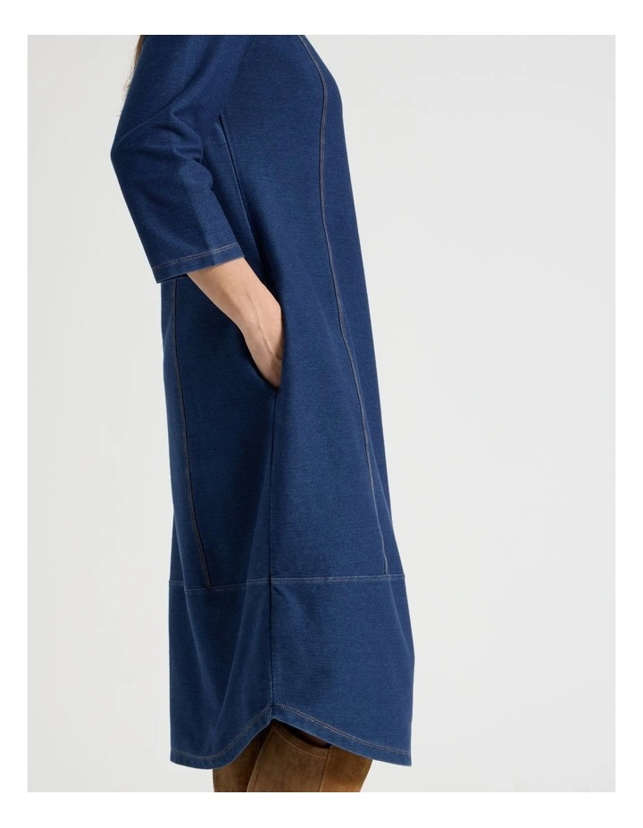 Princess Seam 3/4 Sleeve Cut & Sew Knit Dress With Tulip Hem in Dark Indigo image 4