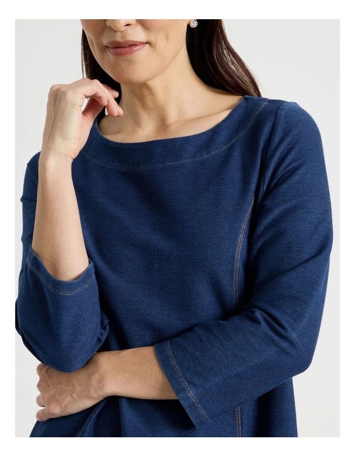 Princess Seam 3/4 Sleeve Cut & Sew Knit Dress With Tulip Hem in Dark Indigo image 6