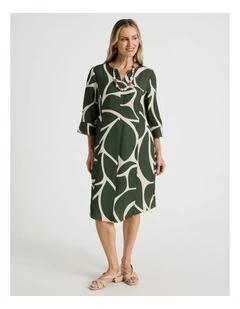 3/4 Sleeve Dress with Curved Hem and Centre Front Seam in Olive and Neutral Print