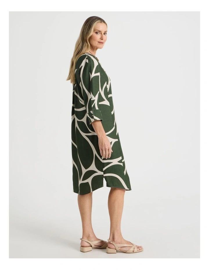 3/4 Sleeve Dress with Curved Hem and Centre Front Seam in Olive and Neutral Print image 4