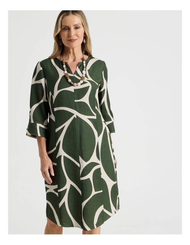 3/4 Sleeve Dress with Curved Hem and Centre Front Seam in Olive and Neutral Print image 5