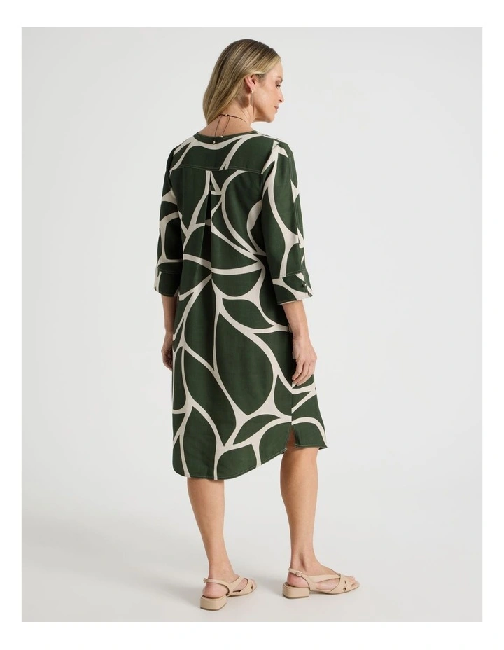 3/4 Sleeve Dress with Curved Hem and Centre Front Seam in Olive and Neutral Print image 6