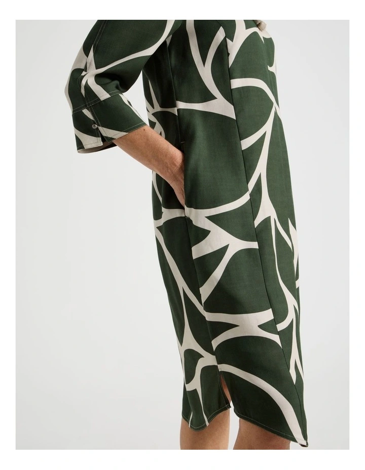 3/4 Sleeve Dress with Curved Hem and Centre Front Seam in Olive and Neutral Print image 7