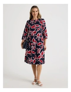 3/4 Sleeve Dress with Waist and Pleat Skirt in Navy and Red Leaf Print