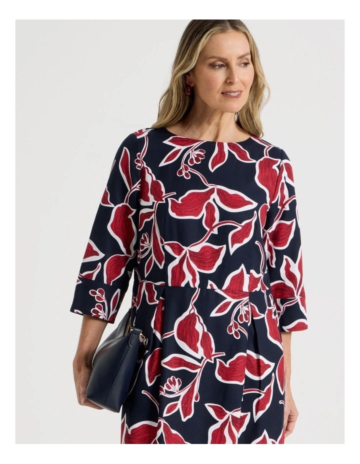 3/4 Sleeve Dress with Waist and Pleat Skirt in Navy and Red Leaf Print image 2