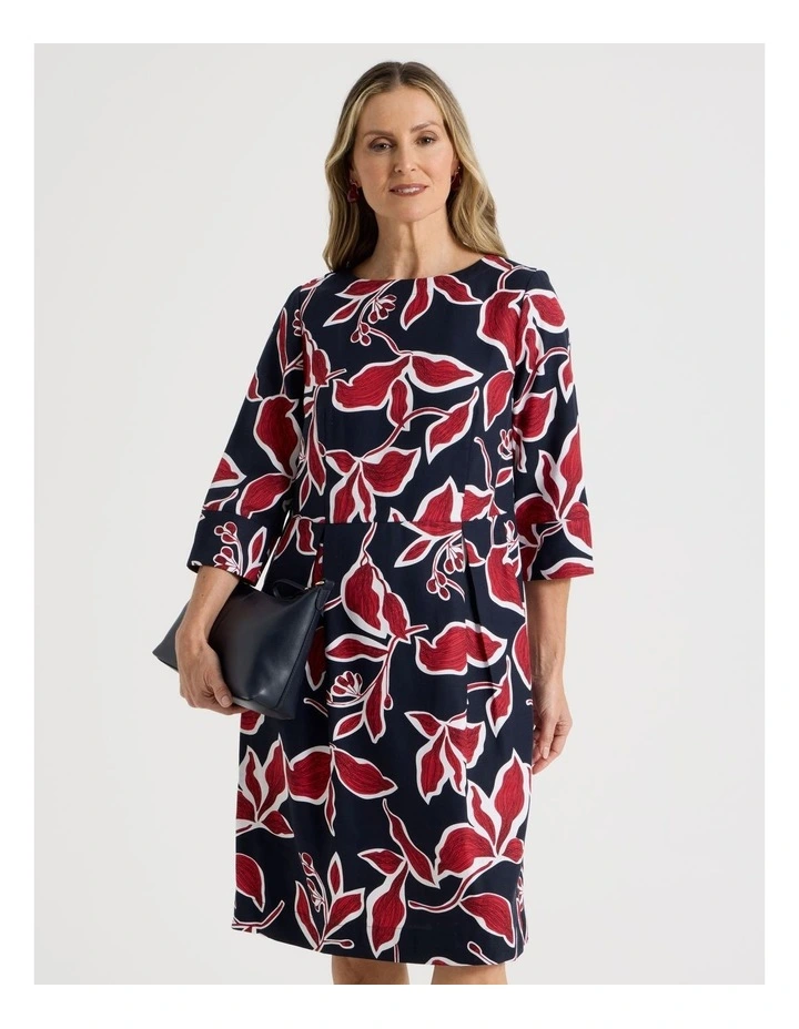 3/4 Sleeve Dress with Waist and Pleat Skirt in Navy and Red Leaf Print image 3