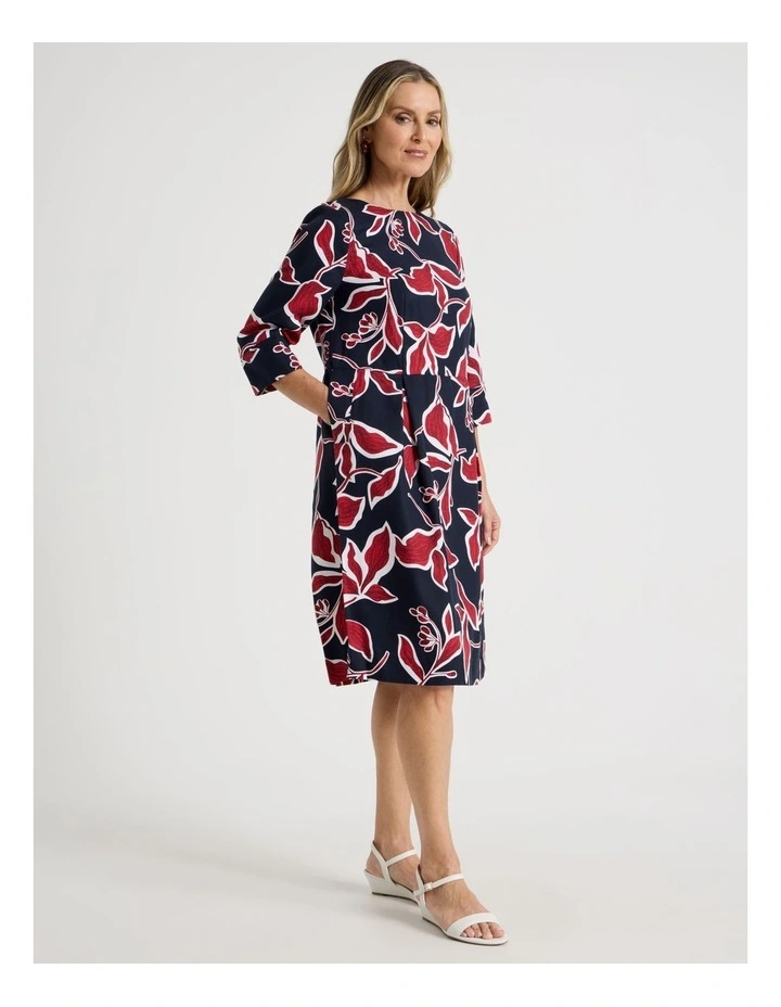 3/4 Sleeve Dress with Waist and Pleat Skirt in Navy and Red Leaf Print image 5