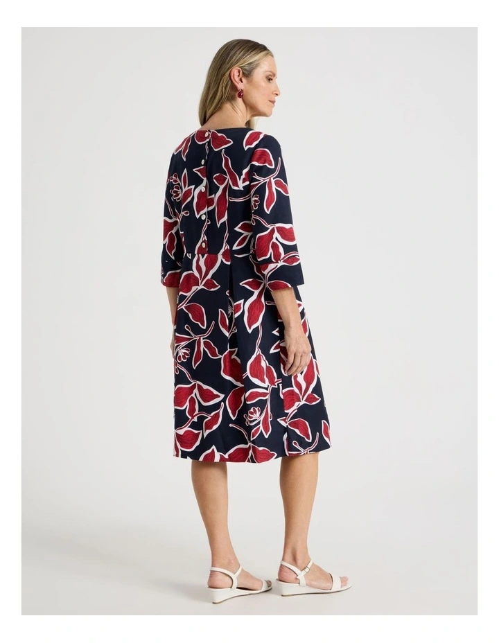 3/4 Sleeve Dress with Waist and Pleat Skirt in Navy and Red Leaf Print image 6