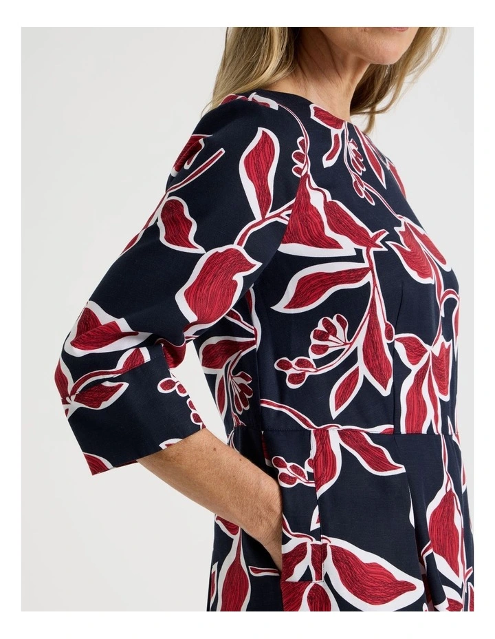 3/4 Sleeve Dress with Waist and Pleat Skirt in Navy and Red Leaf Print image 7
