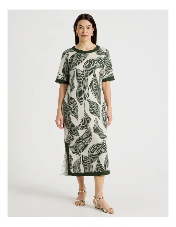 Short Sleeve Solid Trim Dress With Side Splits in Neutral/Olive Print image 1