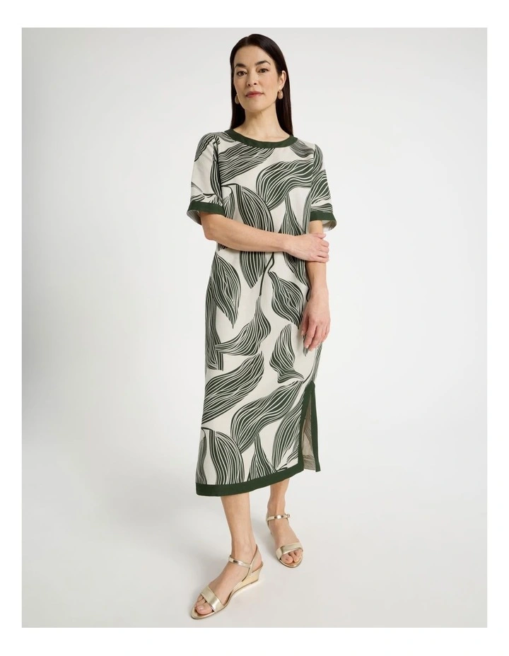 Short Sleeve Solid Trim Dress With Side Splits in Neutral/Olive Print image 3