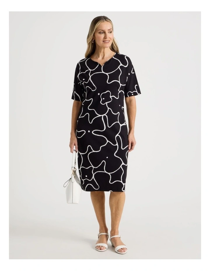 Short Sleeve Knit Dress in Black/Ivory Large Abstract Print image 1