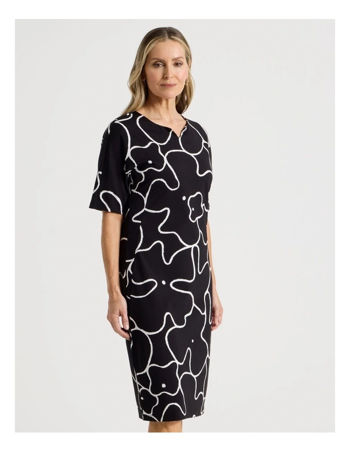 Short Sleeve Knit Dress in Black/Ivory Large Abstract Print image 2