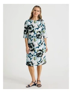 Elbow Length Split Sleeve Dress With Side Pockets in Blues/Olive Blurred Floral