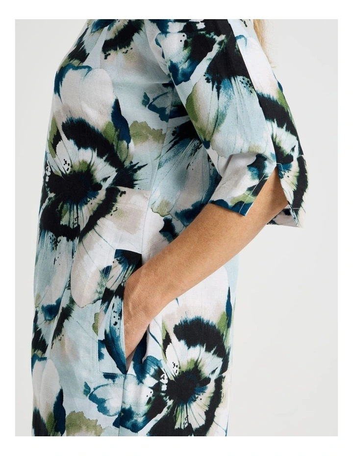 Elbow Length Split Sleeve Dress With Side Pockets in Blues/Olive Blurred Floral image 2