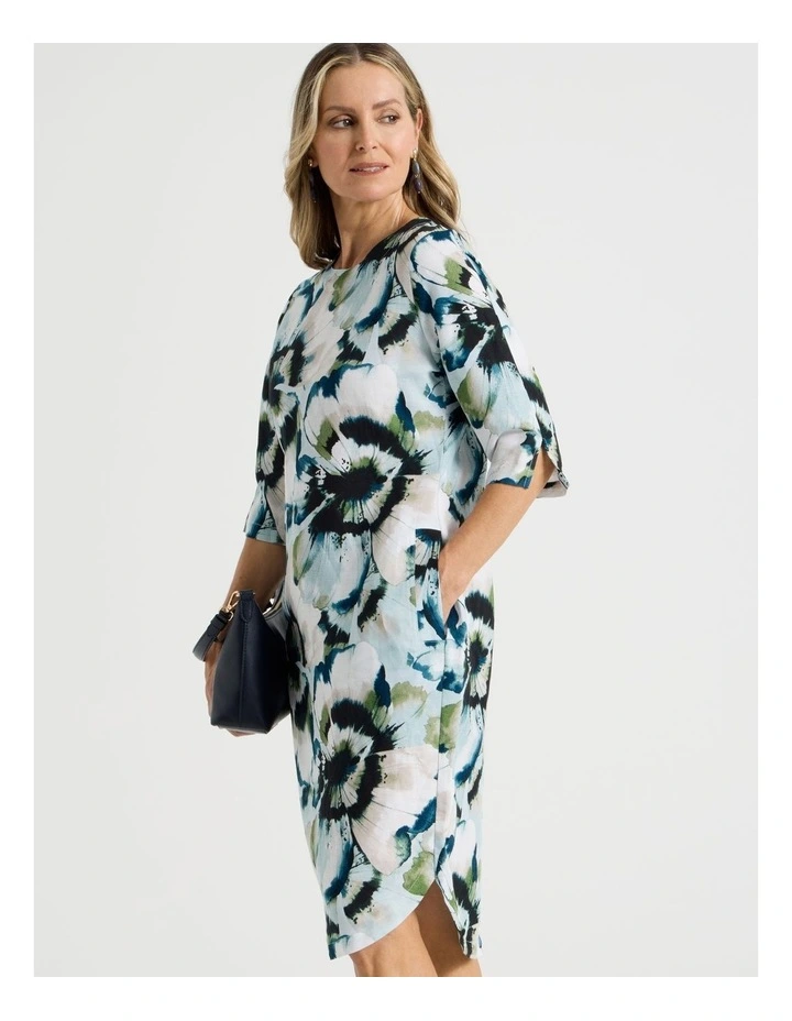 Elbow Length Split Sleeve Dress With Side Pockets in Blues/Olive Blurred Floral image 3