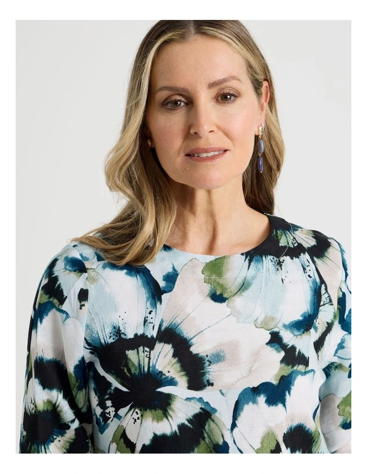 Elbow Length Split Sleeve Dress With Side Pockets in Blues/Olive Blurred Floral image 4