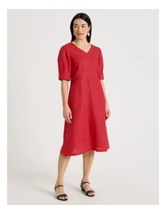 V Neck Pleat Sleeve Dress With Shaped Bodice In Red