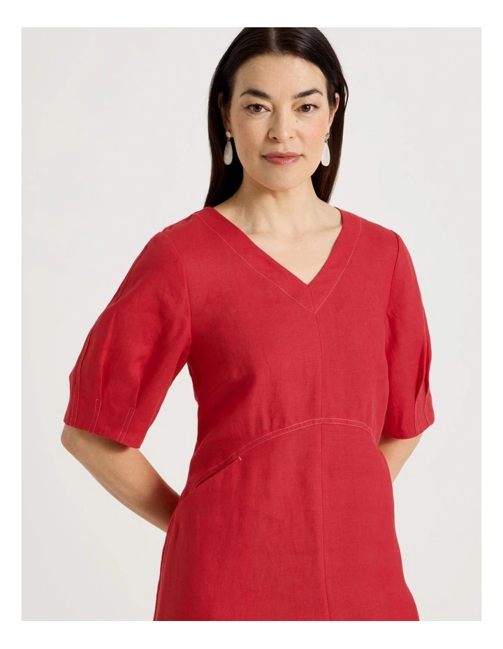 V Neck Pleat Sleeve Dress With Shaped Bodice In Red image 2